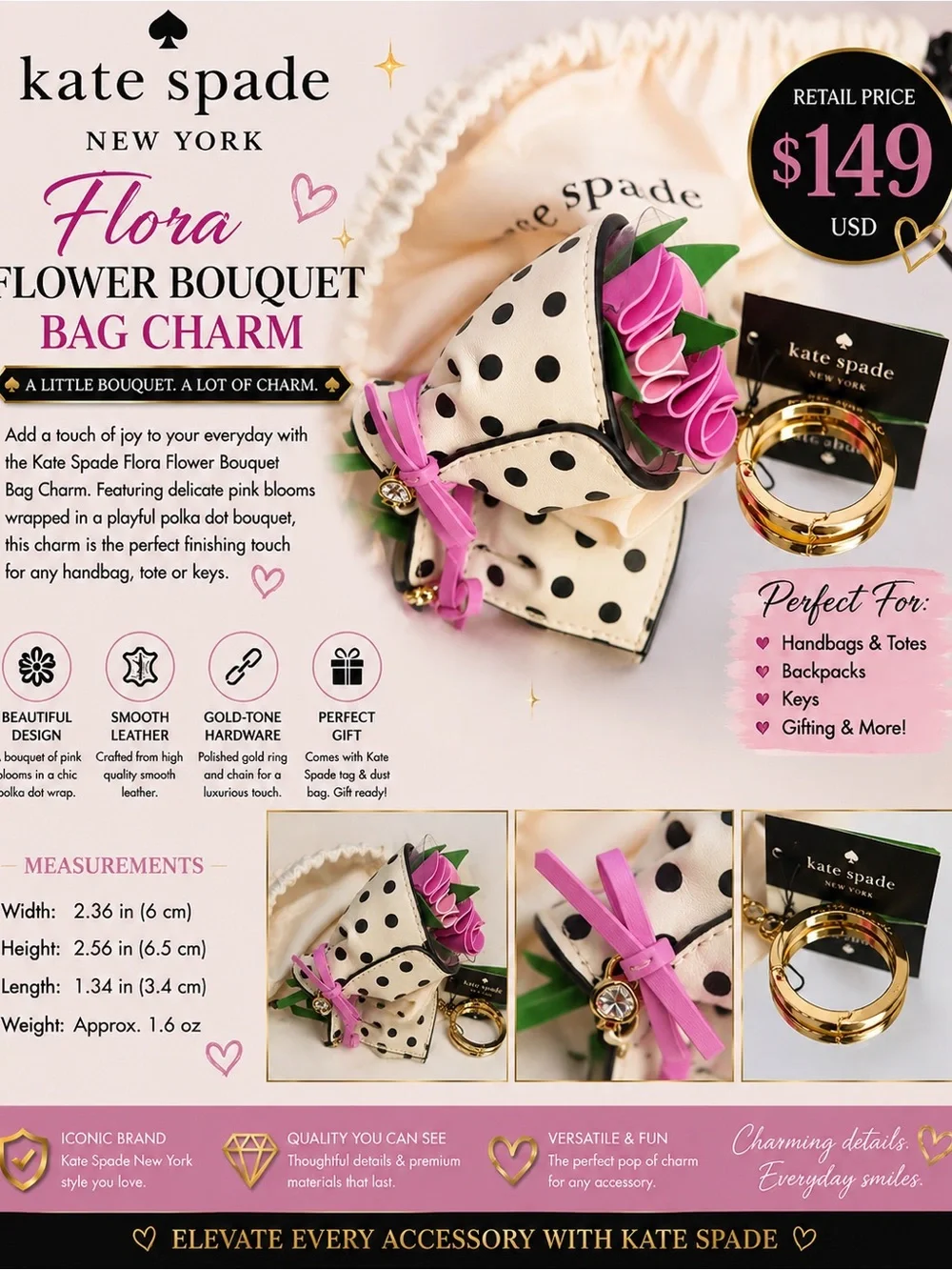 Kate Spade ♠️  Flora bouquet 💐 Polka Dot Flower bag charm NWT
